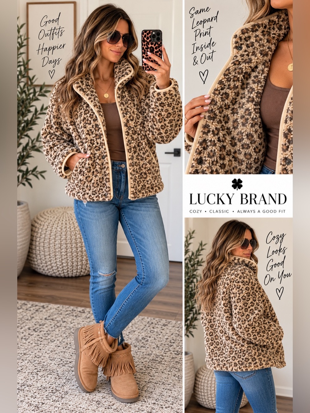 Lucky Brand Teddy Sherpa Jacket Leopard Animal Print Snap Front Women’s M